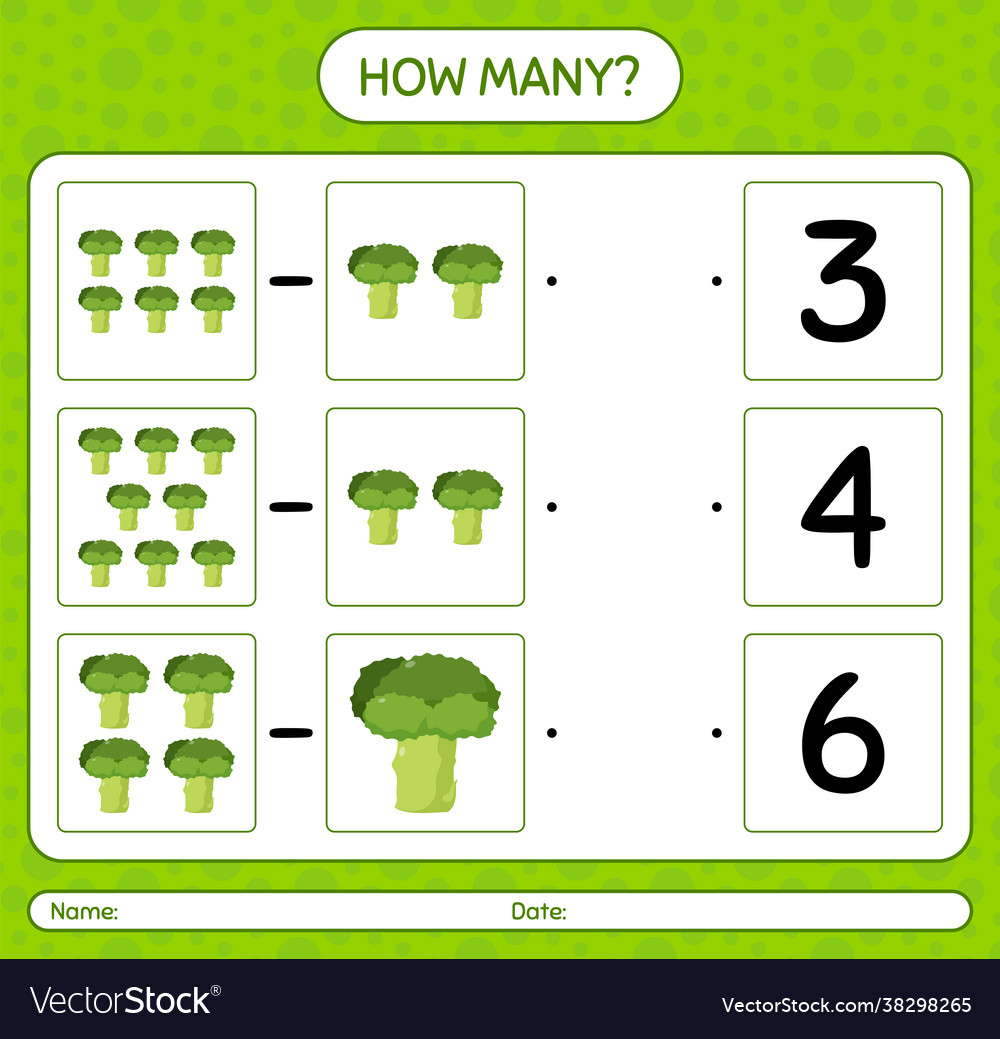 How many counting game with broccoli worksheet vector image How many counting game with broccoli worksheet