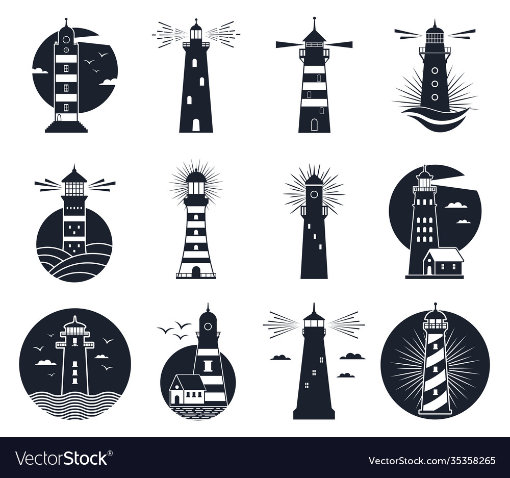 Lighthouse labels vintage beacon building emblems Vector Image
