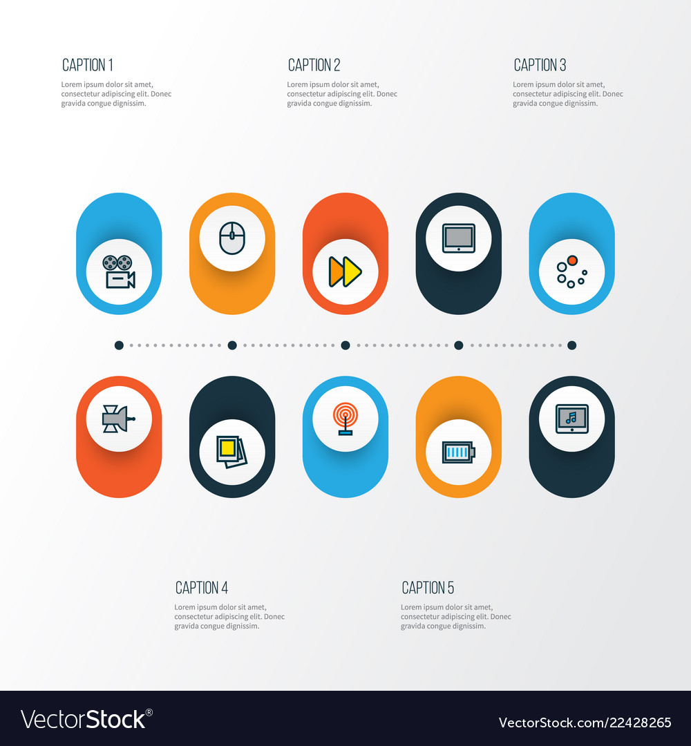 Multimedia icons colored line set with computer vector image Multimedia icons colored line set with computer