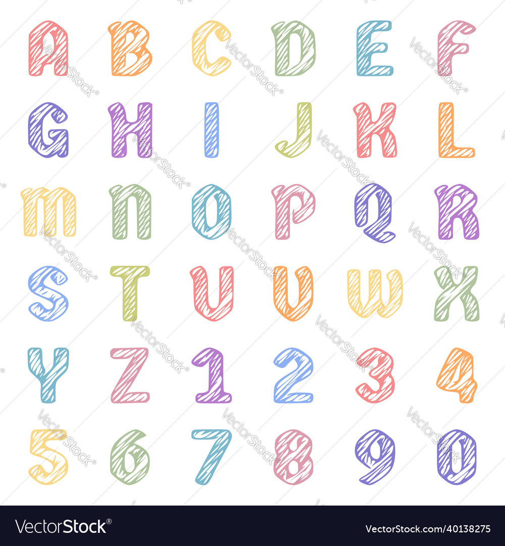 A set of colorful letters and numbers in doodle