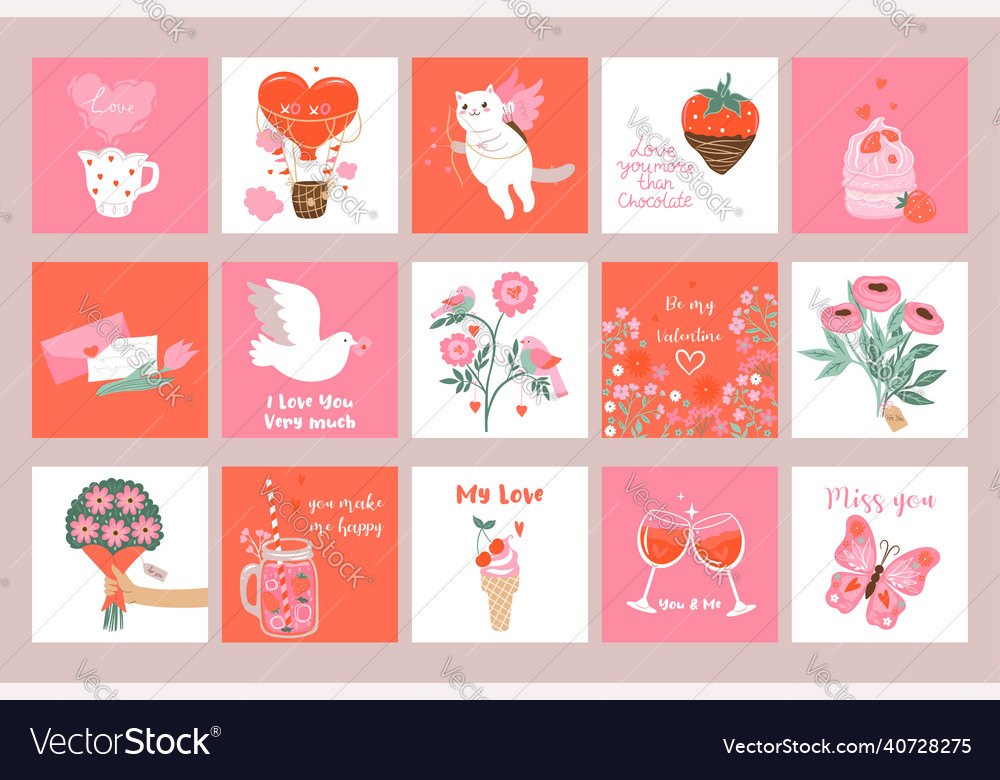 Large set of cute cards for valentine s day