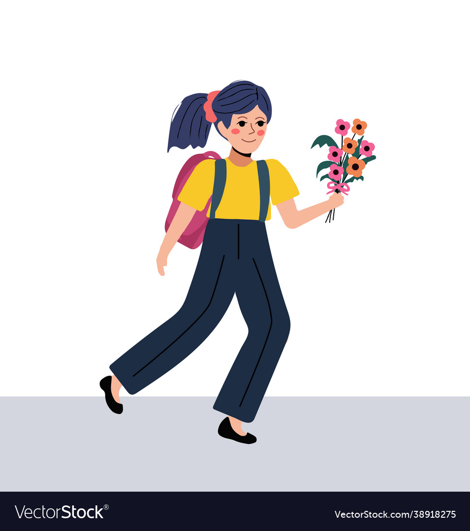 Schoolgirl with flowers in a flat style back