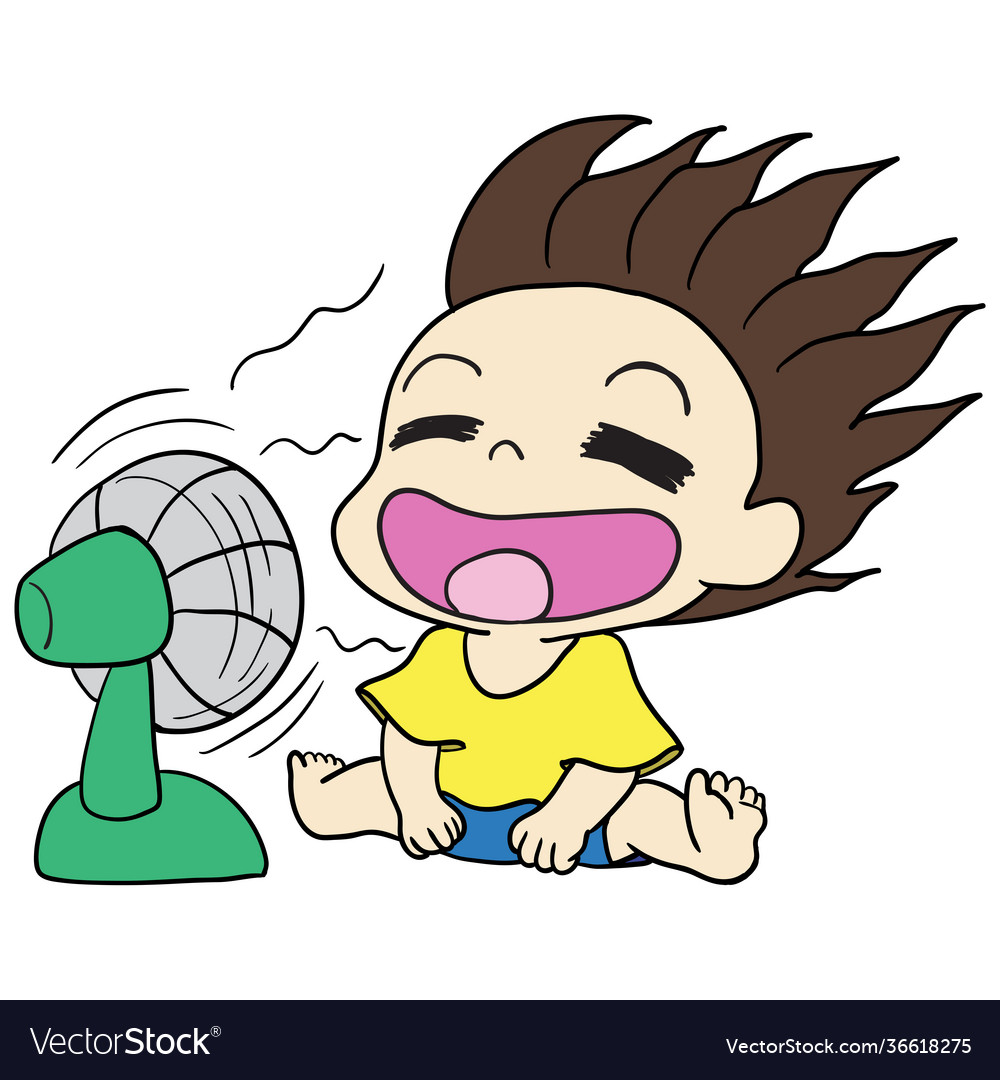 Toddler playing with fan kawaii doodle image