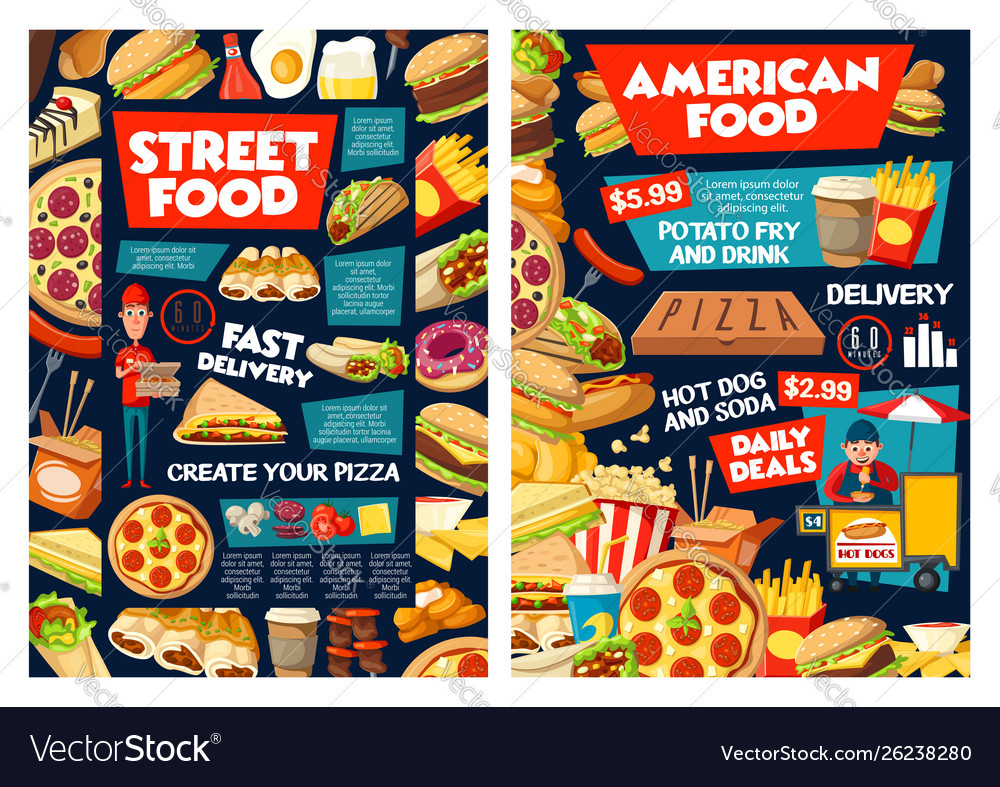 Fast food burger pizza hot dog fries and soda Vector Image