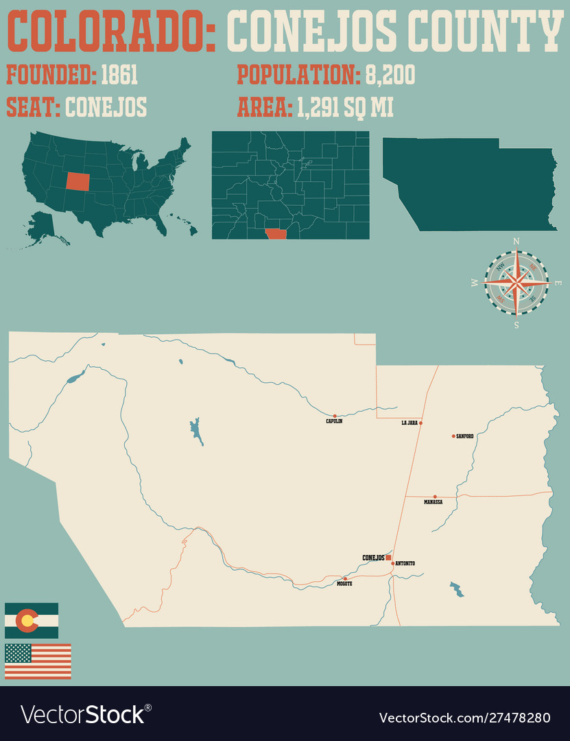 Map conejos county in colorado Royalty Free Vector Image