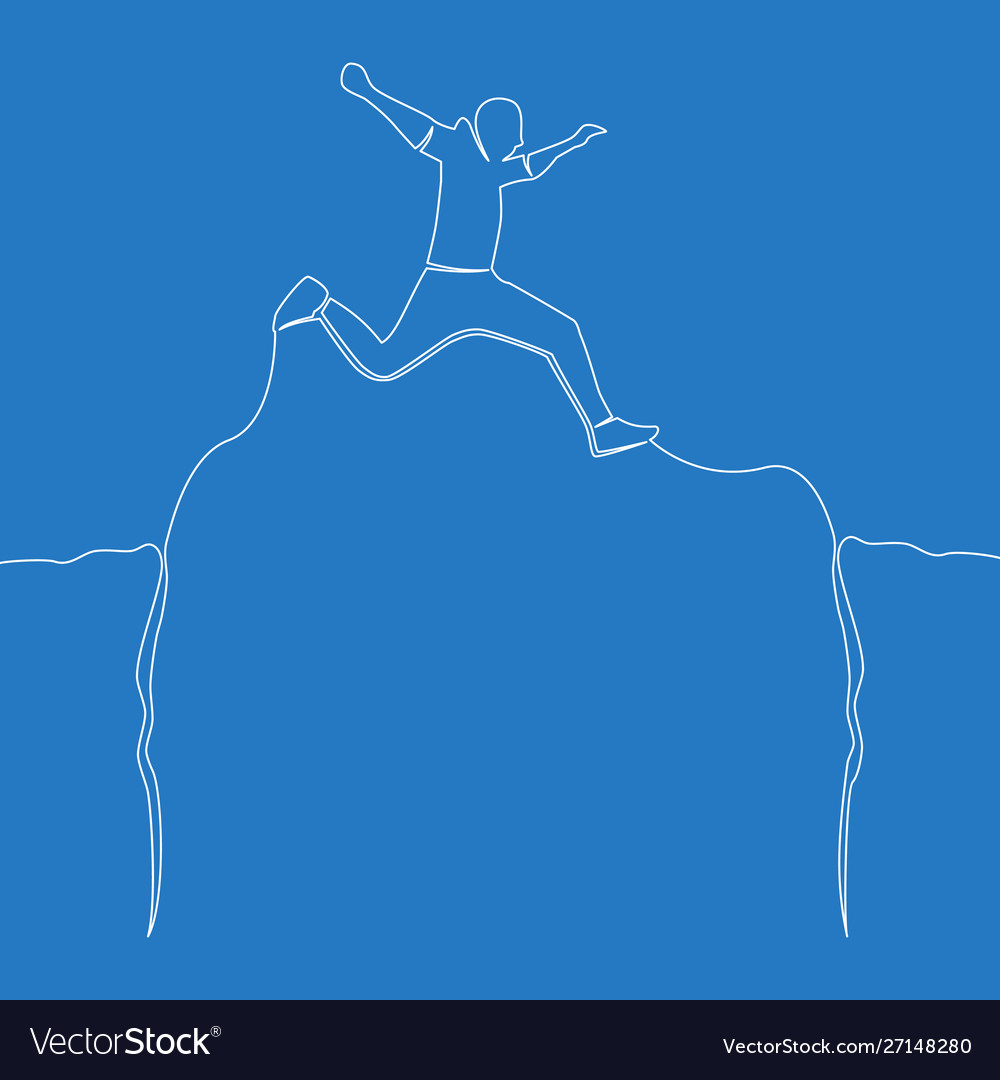 One line drawing man jumping through abyss