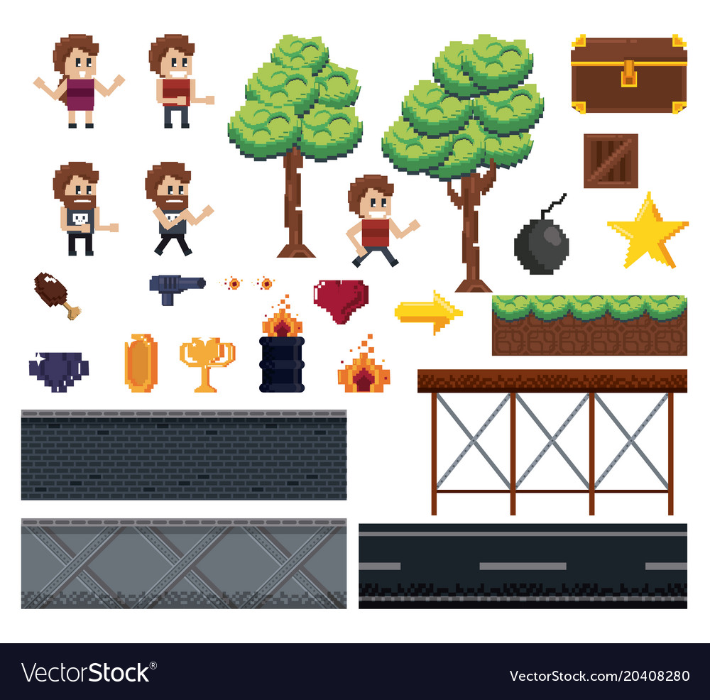 Pixelated characters and elements for videogames