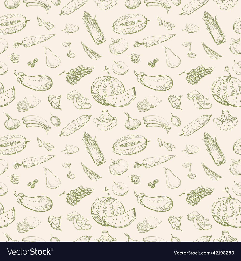 Seamless pattern of sketches various ripe fruits