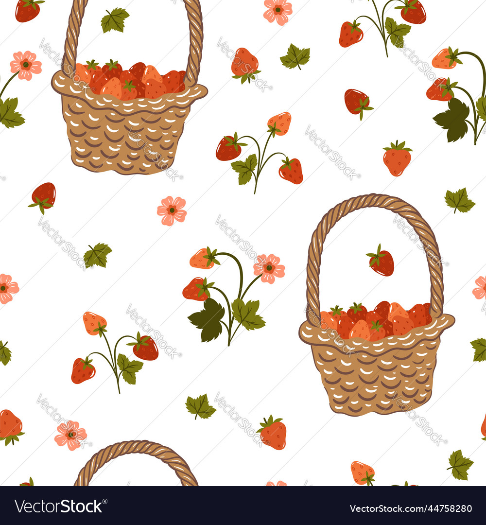 Seamless pattern with baskets and strawberries Vector Image Seamless pattern with baskets and strawberries