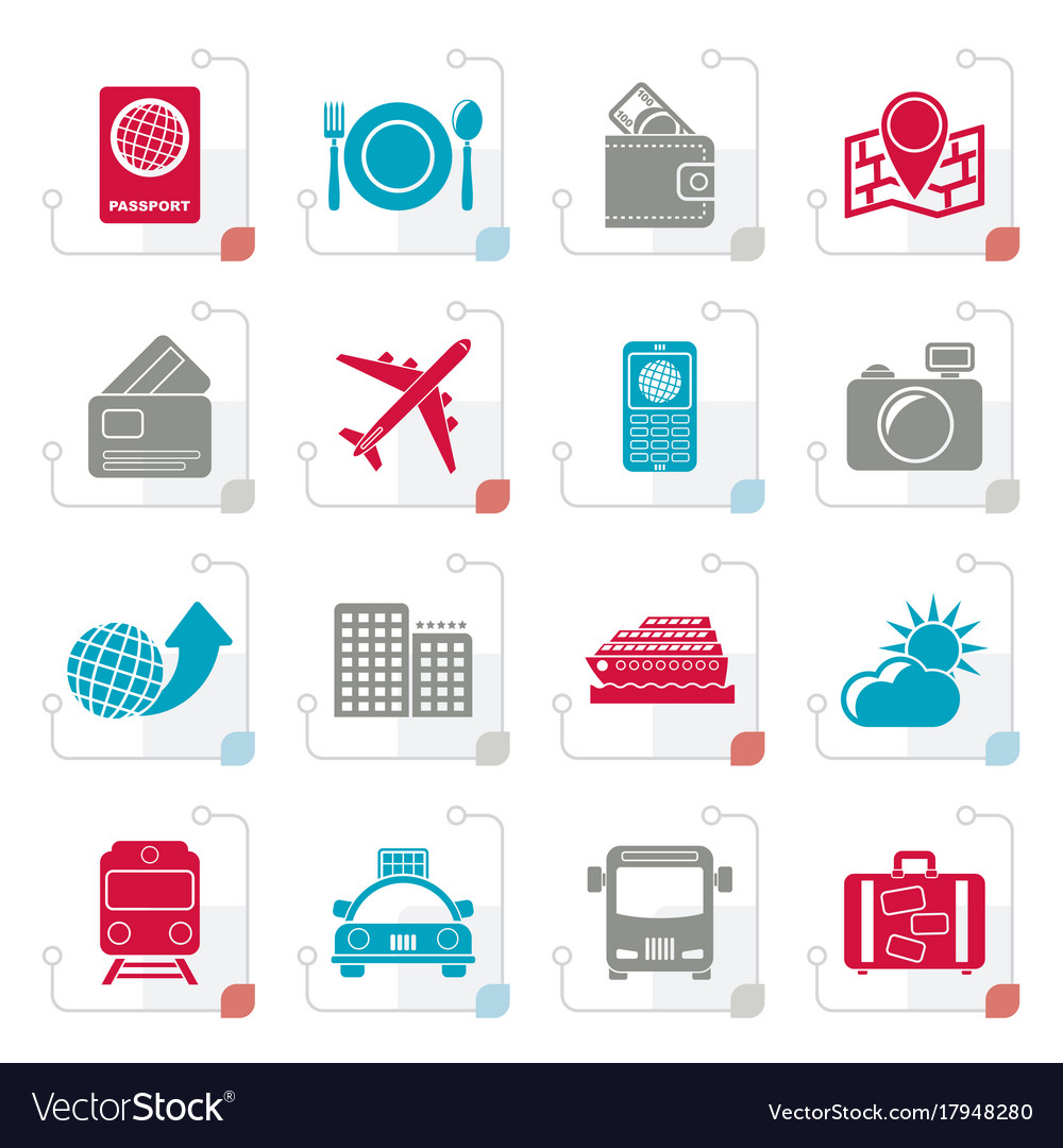 Stylized travel transportation and vacation icons