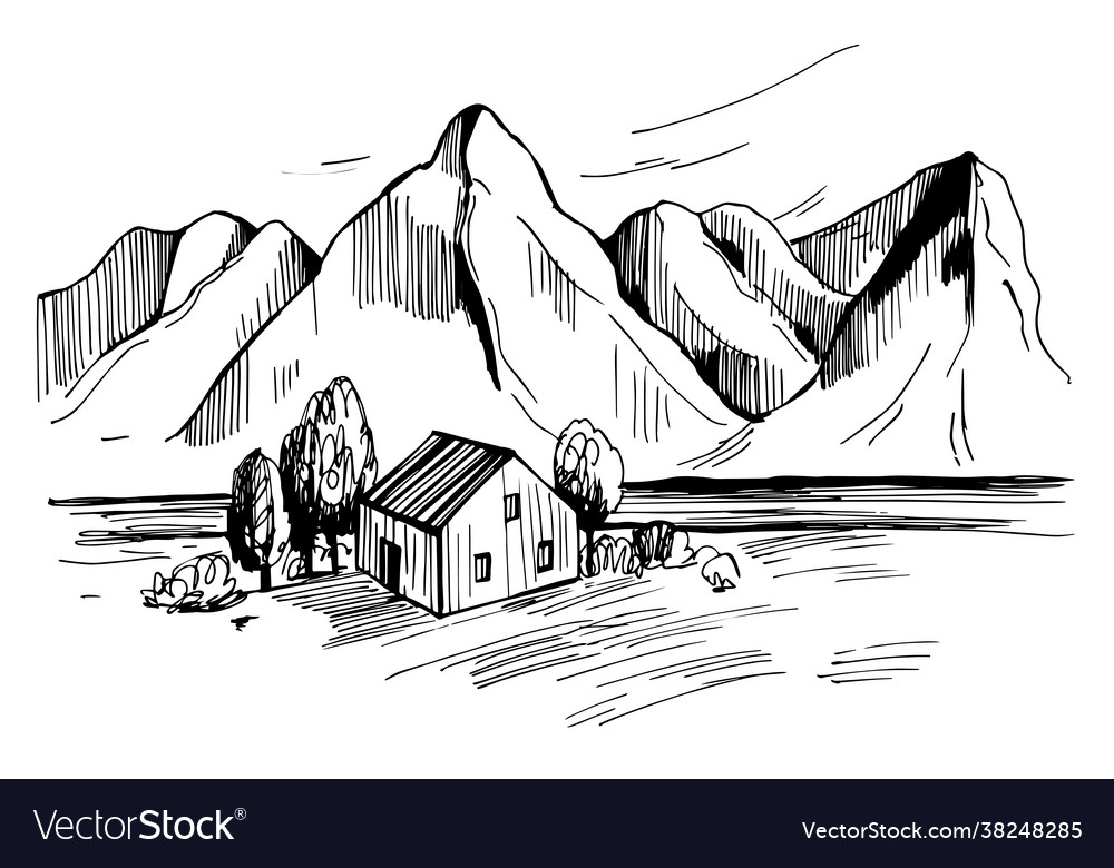 Landscape with house and mountains sketch