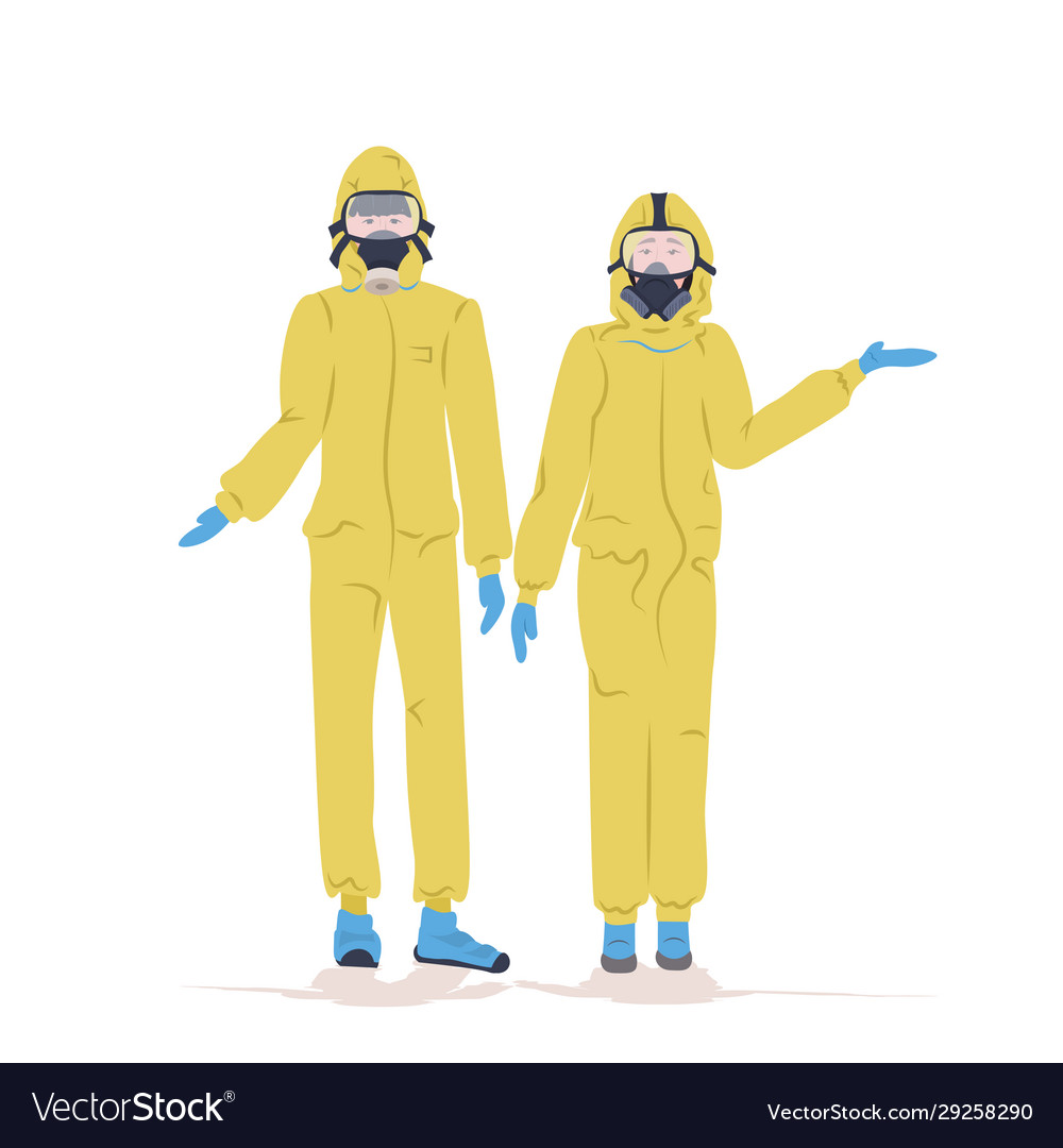 Man woman in hazmat suits and protection masks