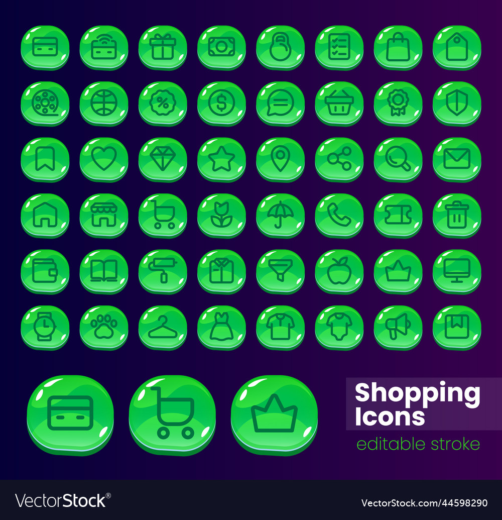 Shopping glossy ui button with linear icon big set vector image Shopping glossy ui button with linear icon big set