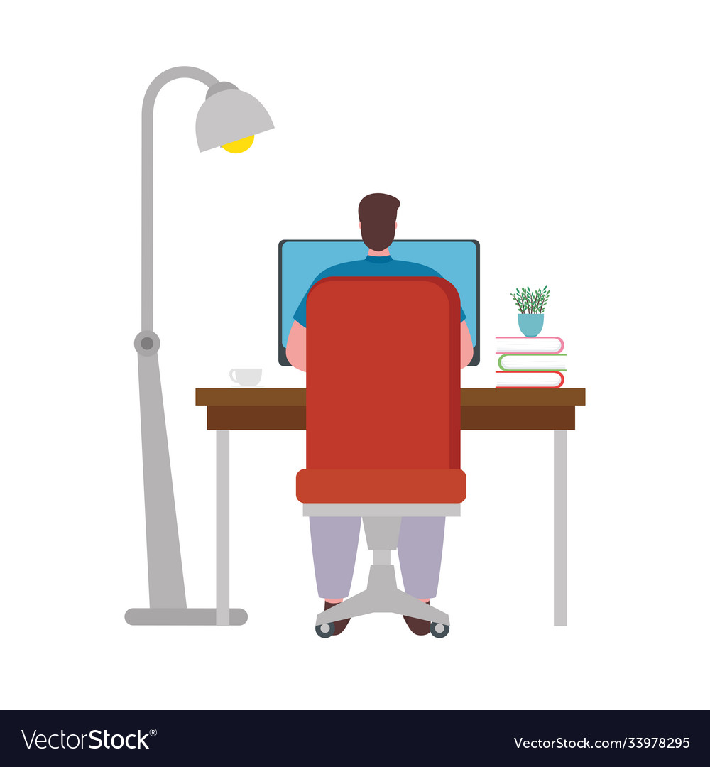 Man cartoon with computer working at desk