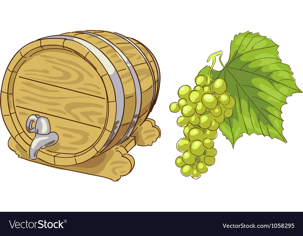 Old wooden barrel and grapes cluster Royalty Free Vector