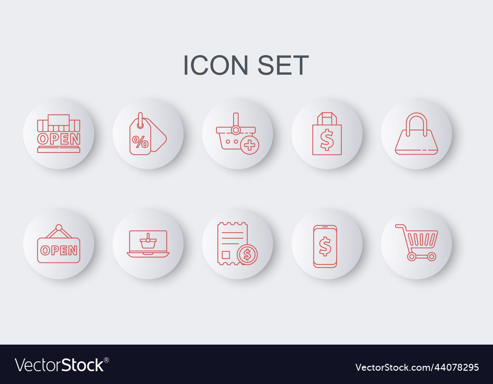 Set line shopping cart hanging sign with open add vector image Set line shopping cart hanging sign with open add