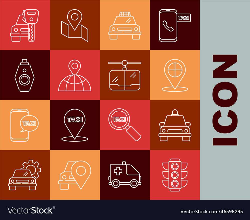 Set line traffic light taxi car map pointer vector image Set line traffic light taxi car map pointer