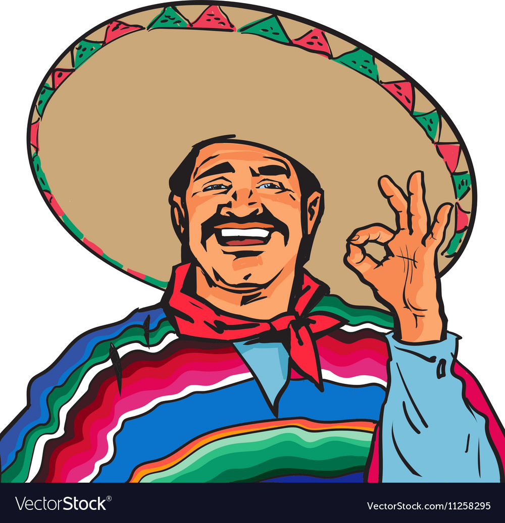 Smiling mexican man in sombrero and poncho showing