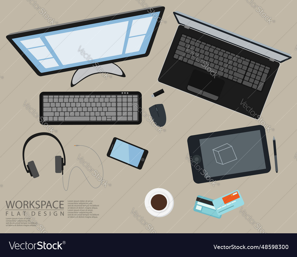 Office workspace computer top view flat design vector image Office workspace computer top view flat design