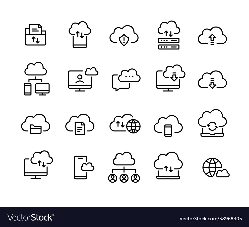 Cloud storage icons set sync file transfer