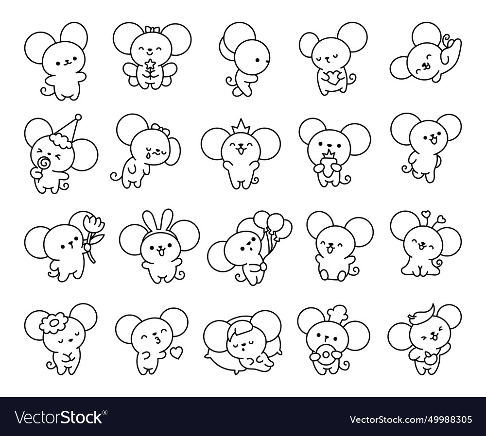 Cute kawaii mouse coloring page Royalty Free Vector Image