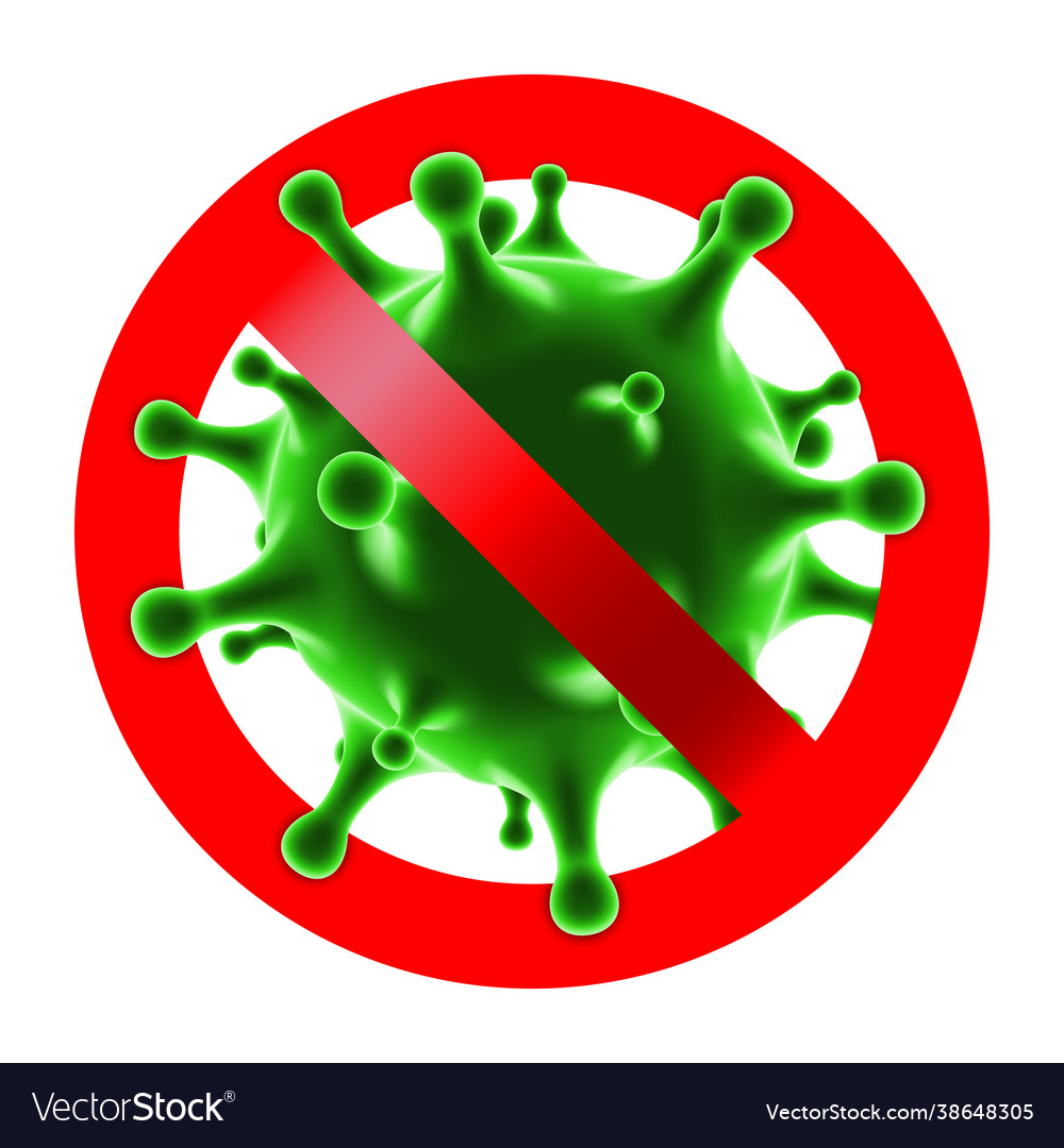 Red warning stop sign with virus or bacteria cell