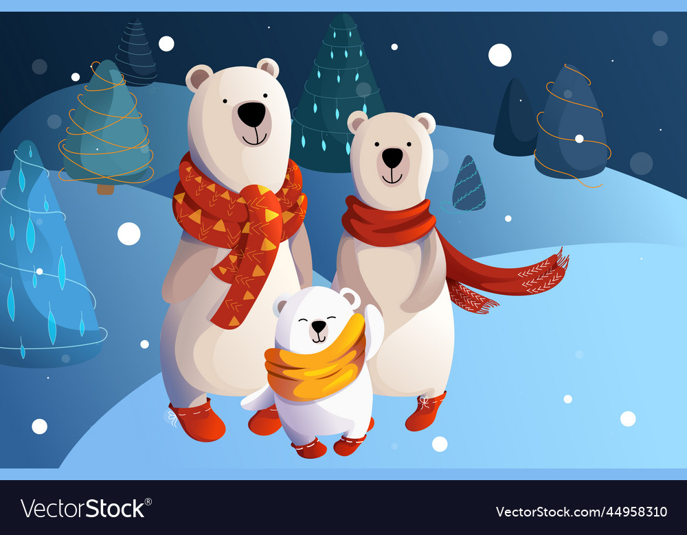 Family of bears parents in red scarves baby bear