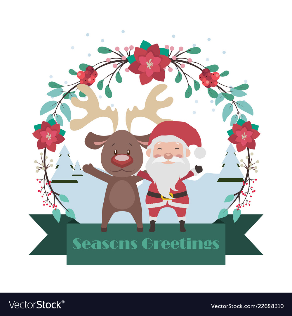 santa and reindeer banner with floral frame vector image reindeer banner