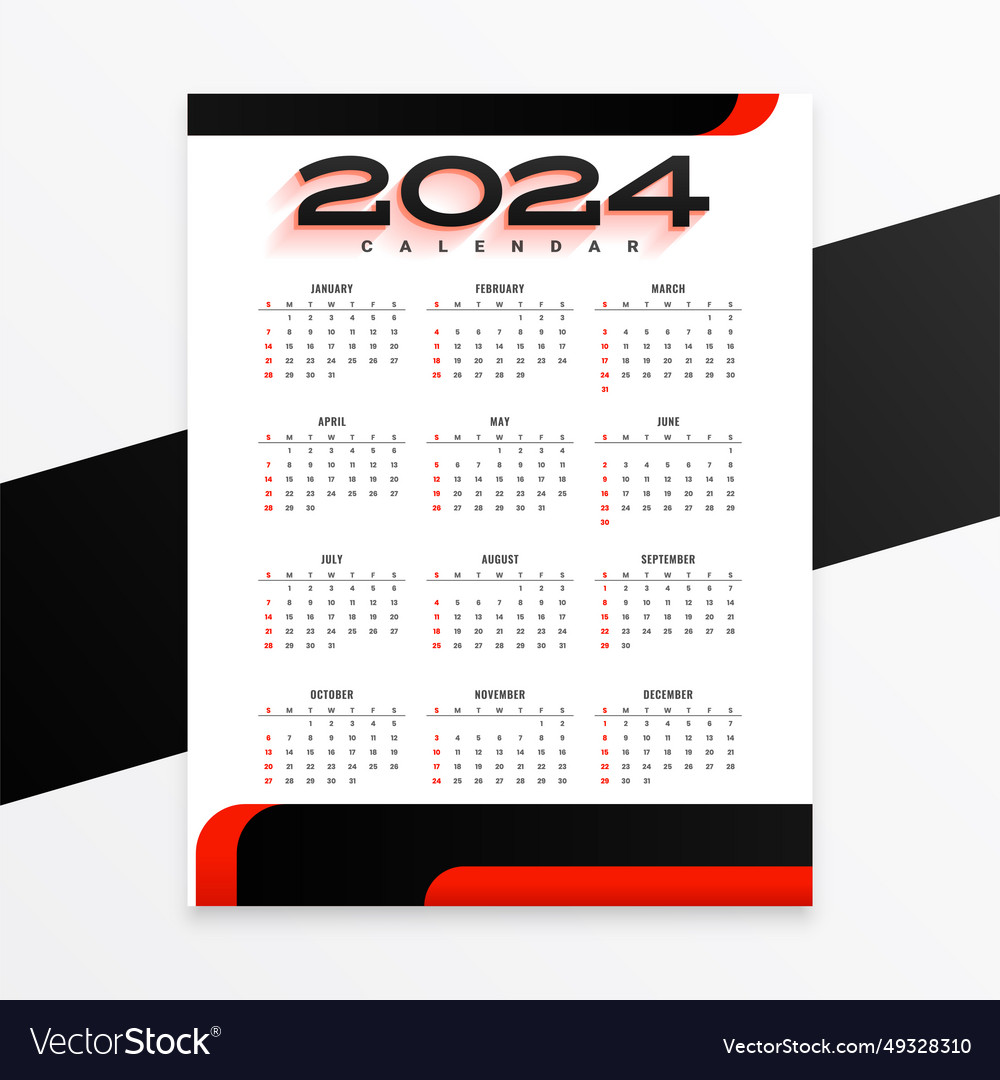 White and black 2024 wall calendar layout Vector Image