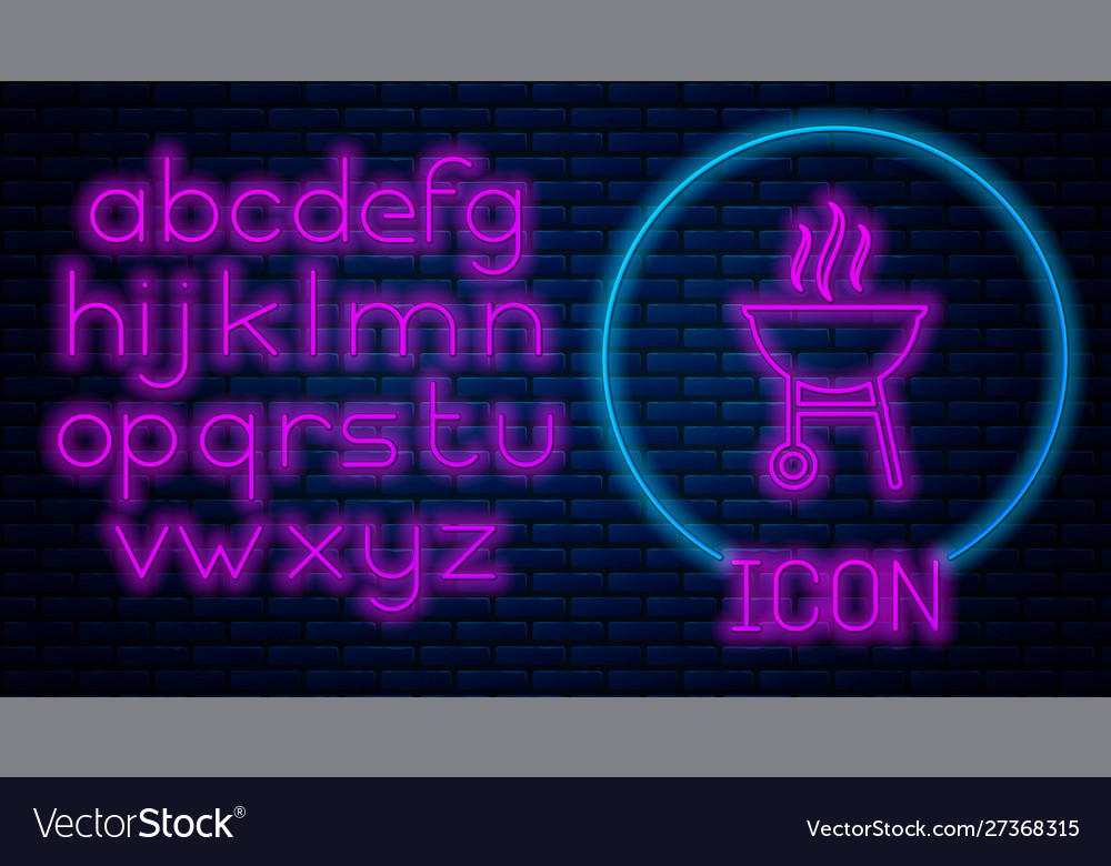 Glowing neon barbecue grill icon isolated on brick