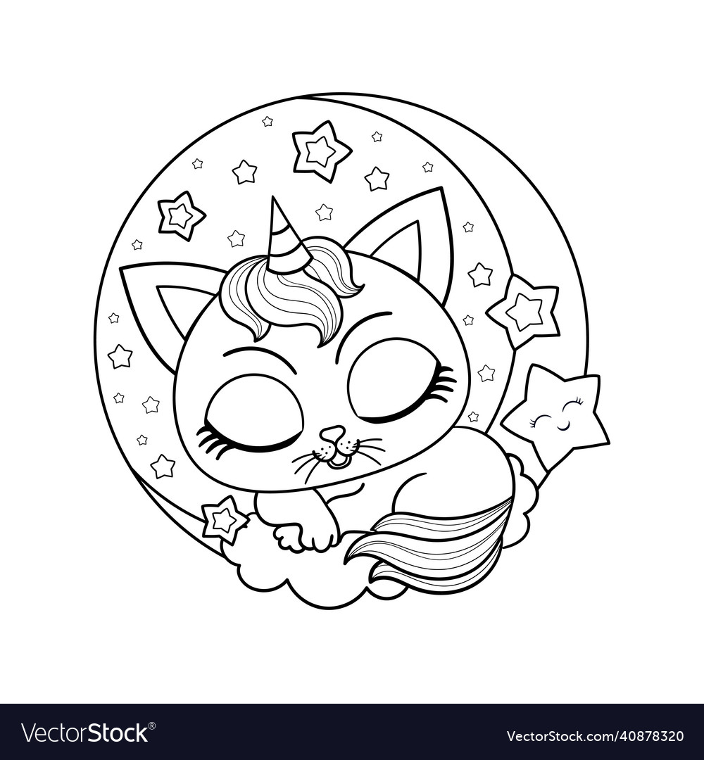 Cute kitten unicorn sleeps on the moon among Vector Image