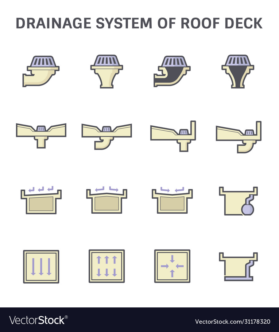 Roof deck and drainage equipment icon set design