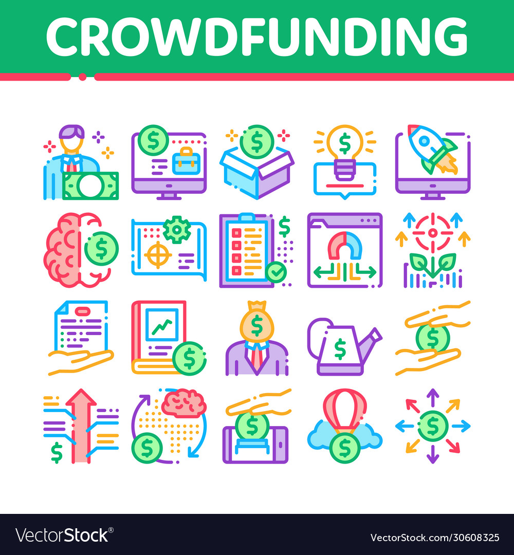 Crowdfunding business collection icons set