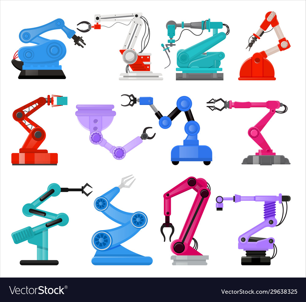Robot manipulators hands in flat style automatic vector image Robot manipulators hands in flat style automatic