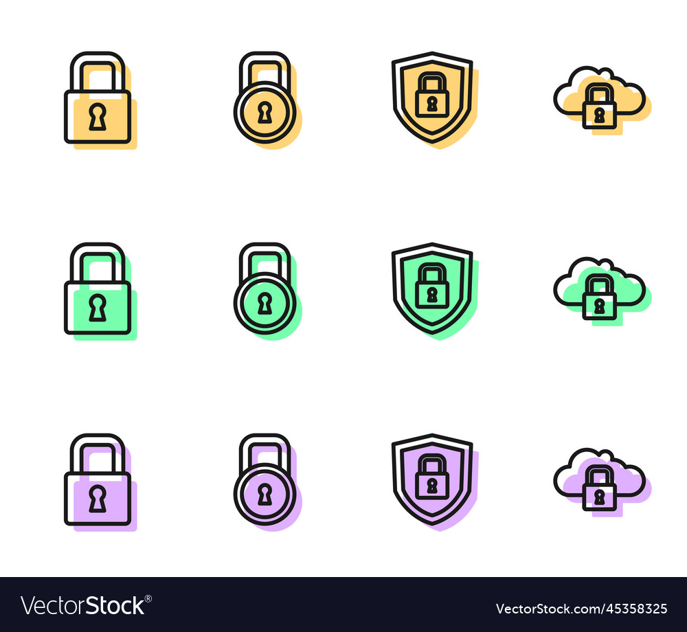 Set line shield security with lock vector image Set line shield security with lock