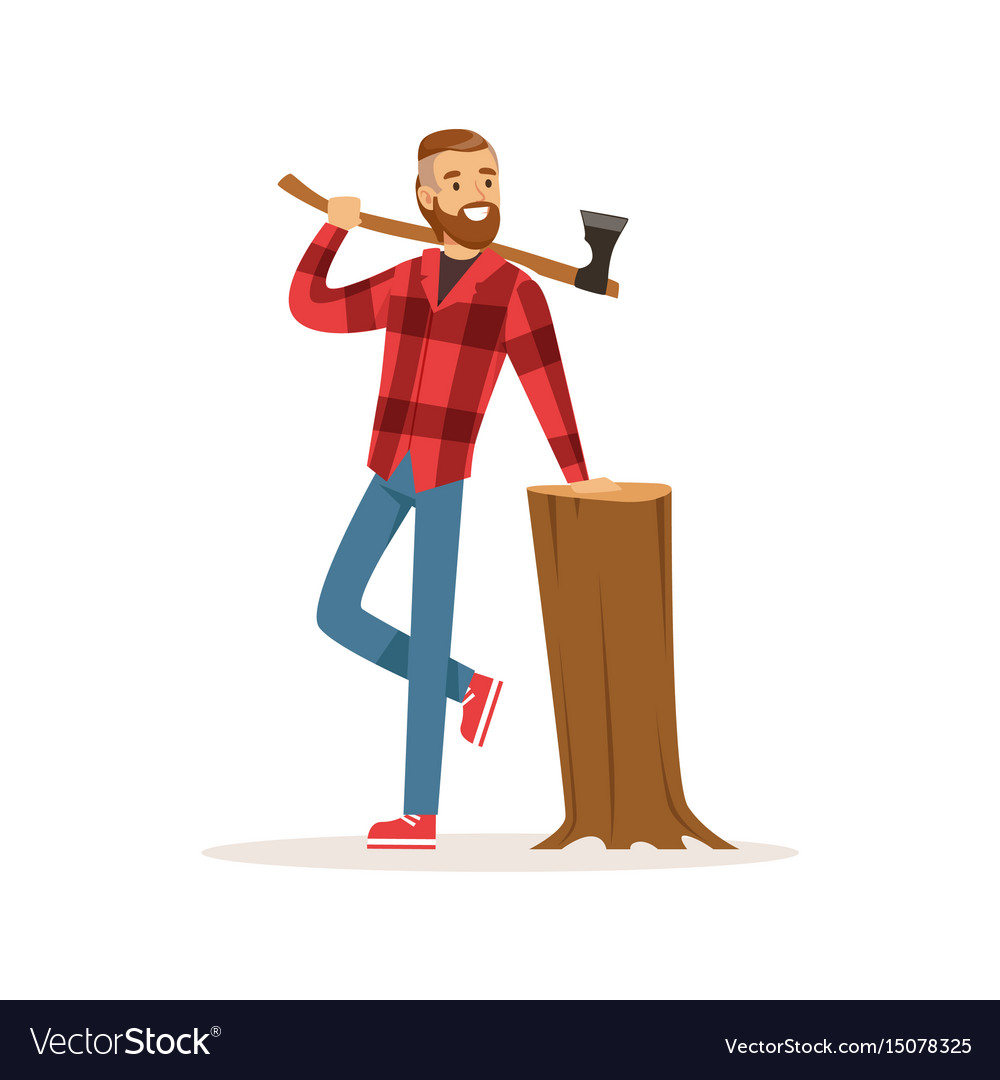 Smiling lumberjack with an axe and downed log