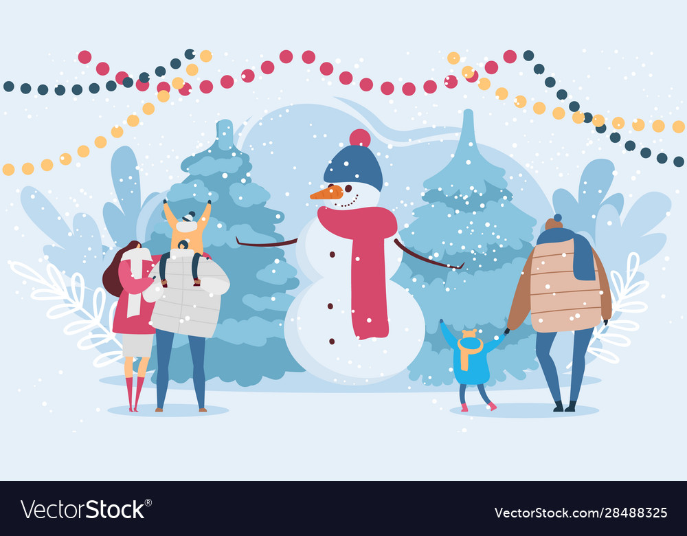 Schneemann und Menschen Familie auf Winterwanderung im Freien vector image Schneemann und Menschen Familie auf Winterwanderung im Freien