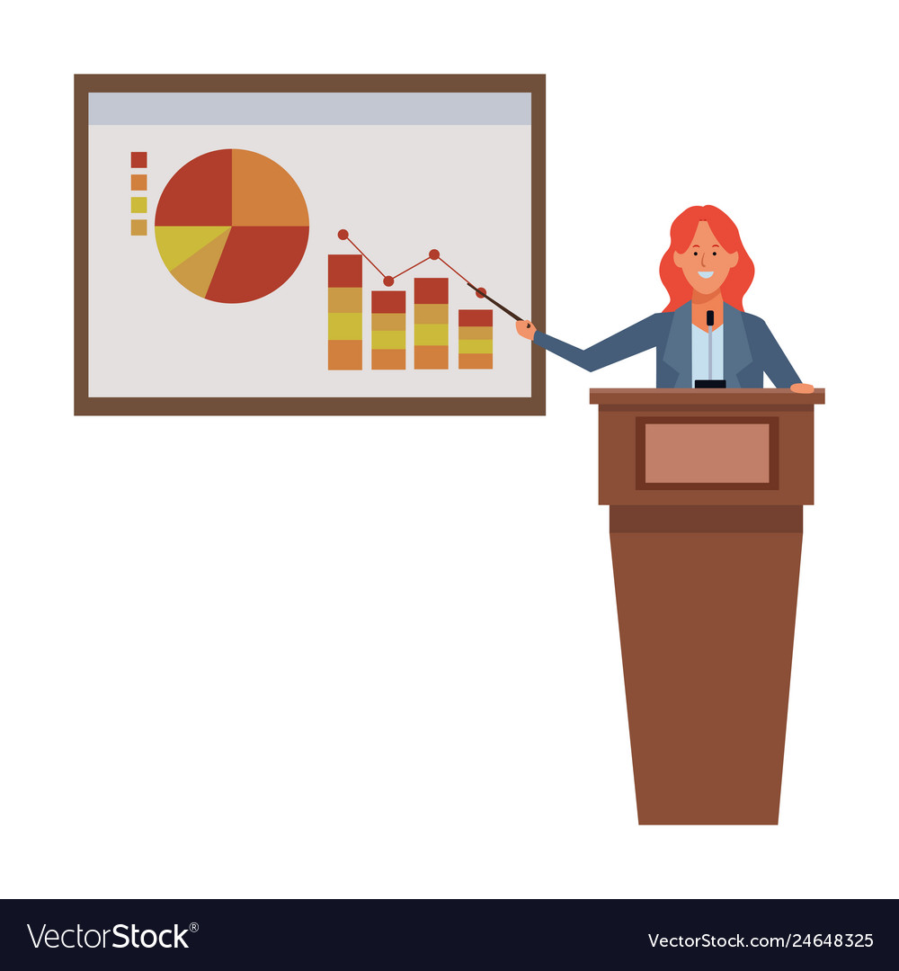 Woman in a podium with infographics data chart