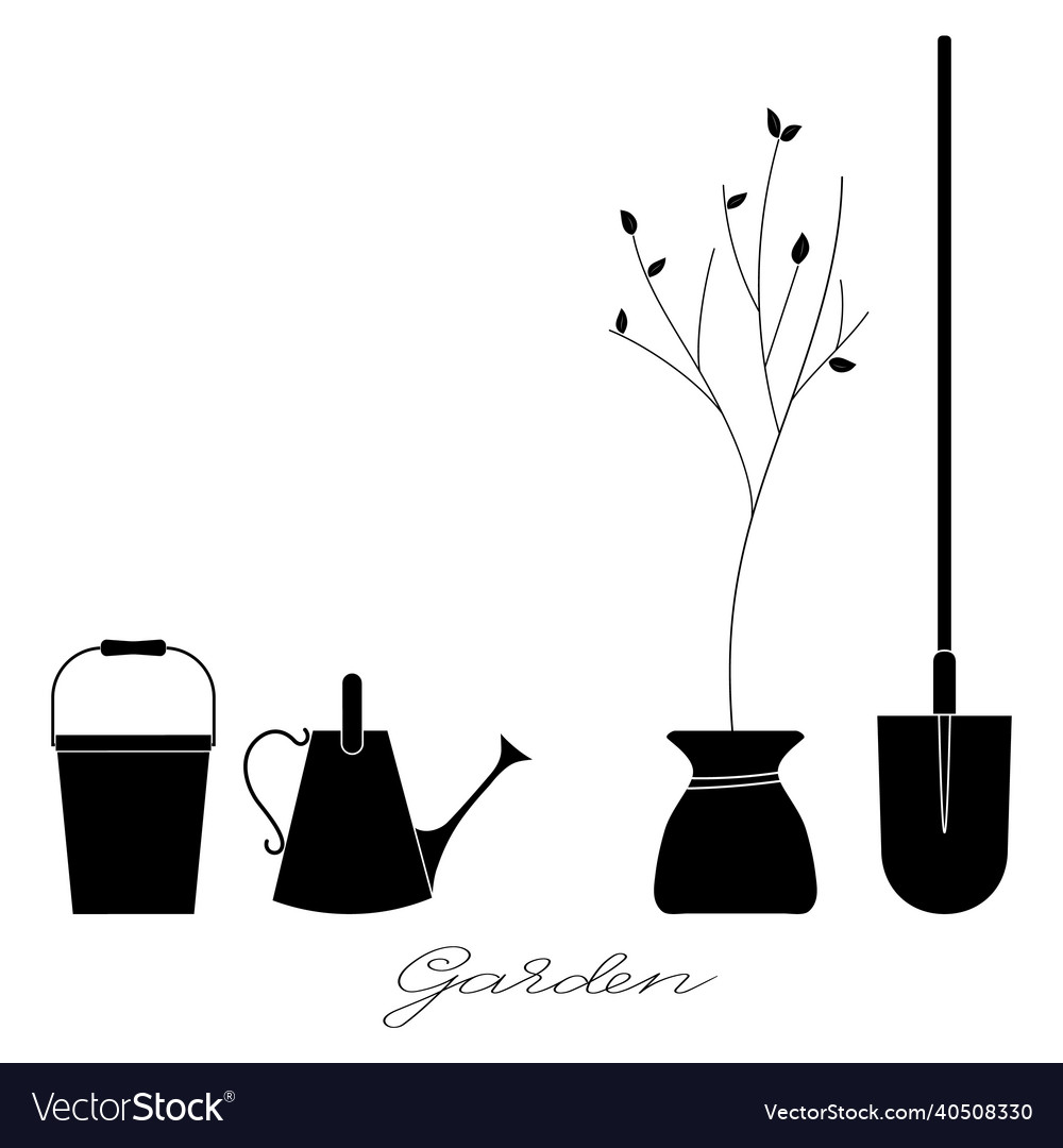 Gardening tools set of bucket watering can spade vector image Gardening tools set of bucket watering can spade
