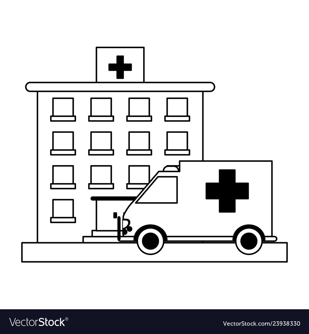 Hospital building and ambulance black white Vector Image