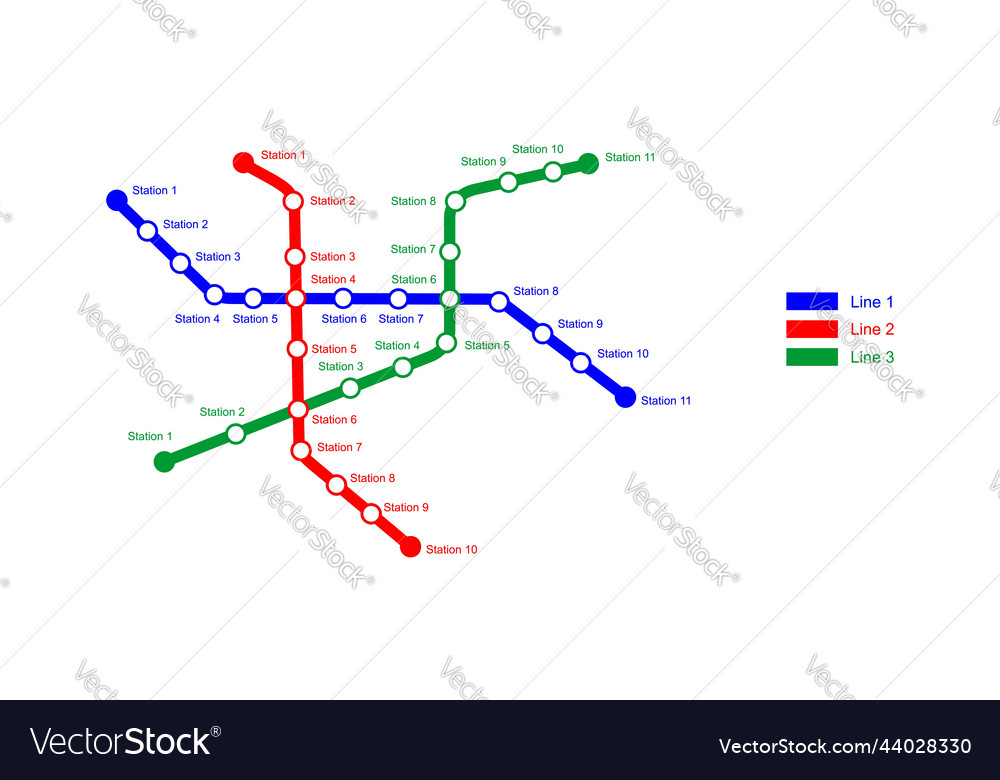 Metro map template subway scheme with 3 colored vector image Metro map template subway scheme with 3 colored