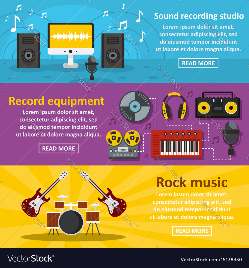 Recording Studio Banner Horizontal Set Flat Style Vector Image