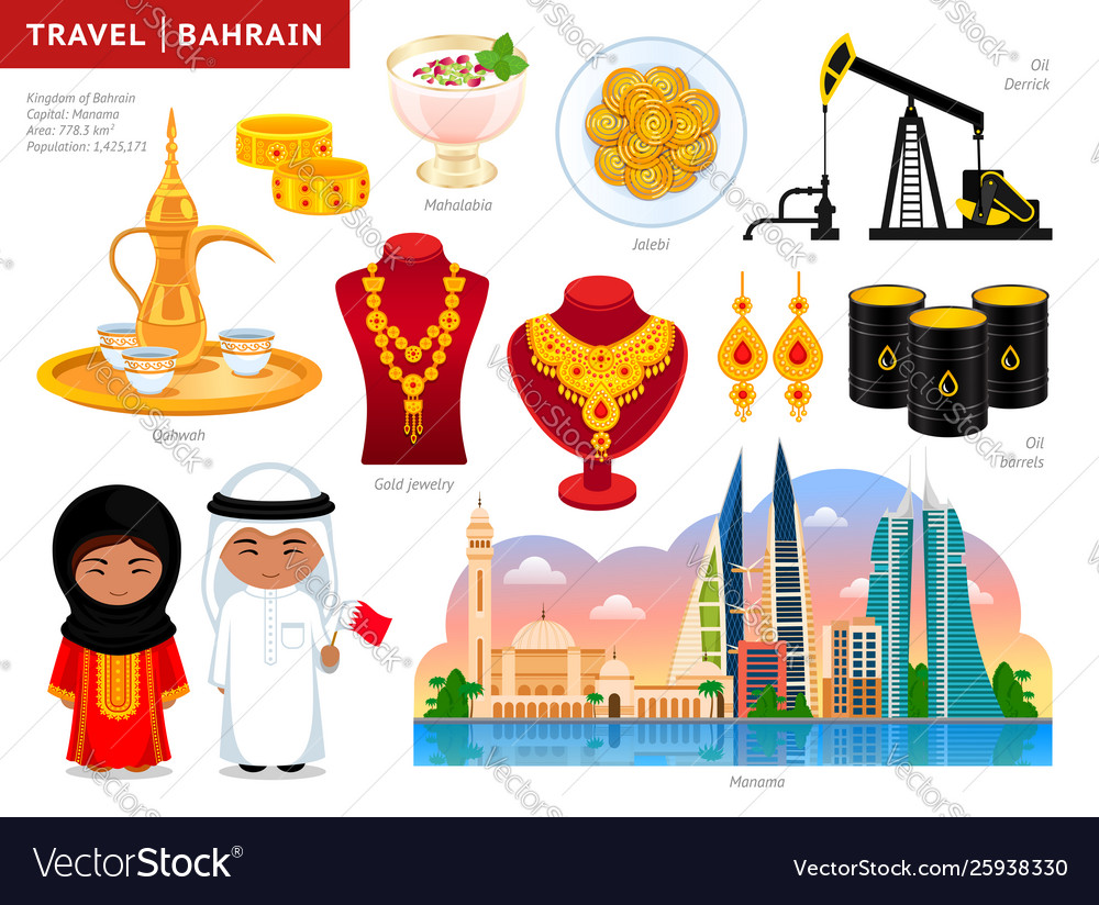 travel-to-bahrain-manama-set-cultural-symbols-vector-image