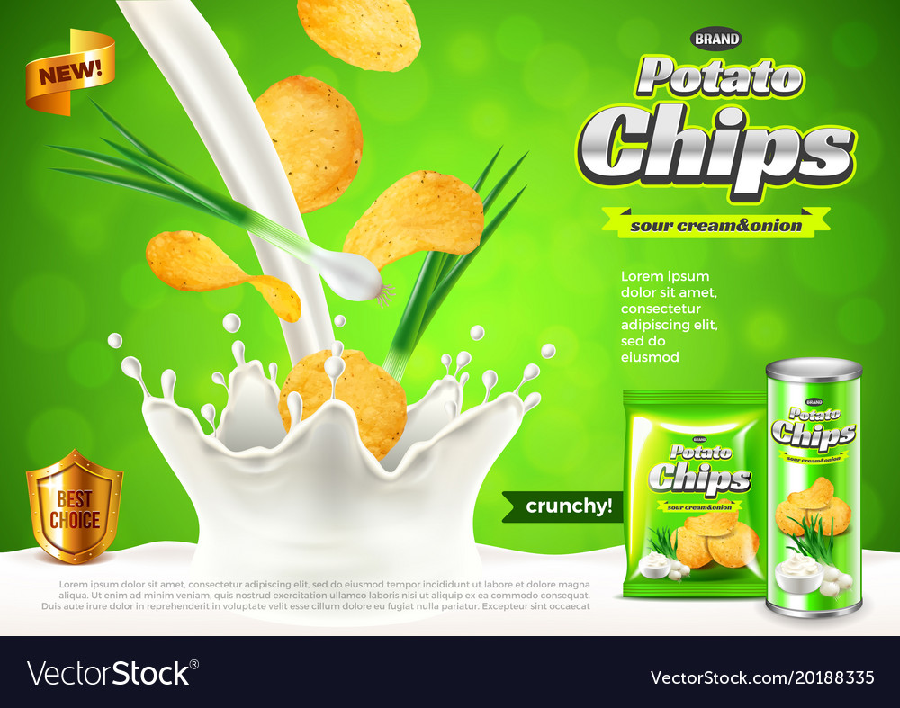 Chips ads onions in pouring sour cream background Vector Image