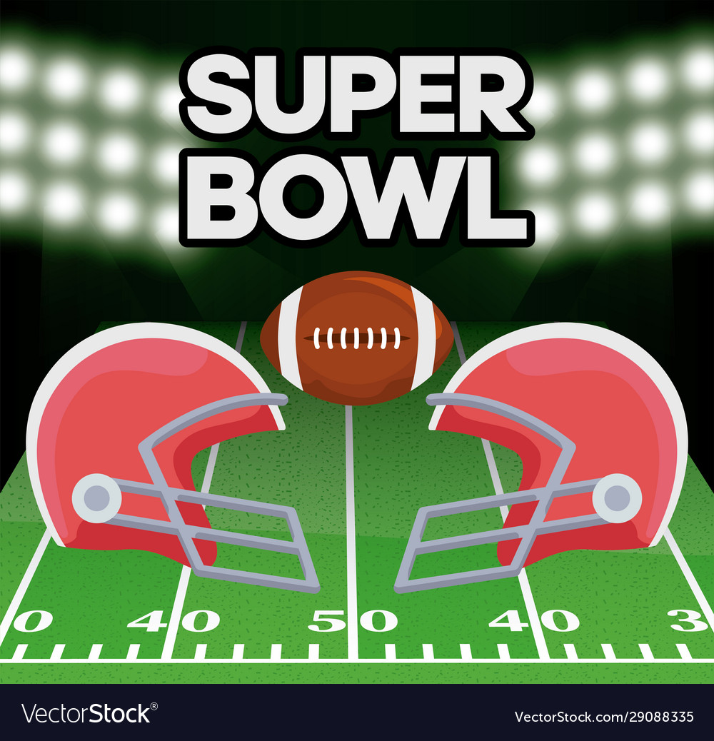 Super bowl ball and helmets over field Royalty Free Vector