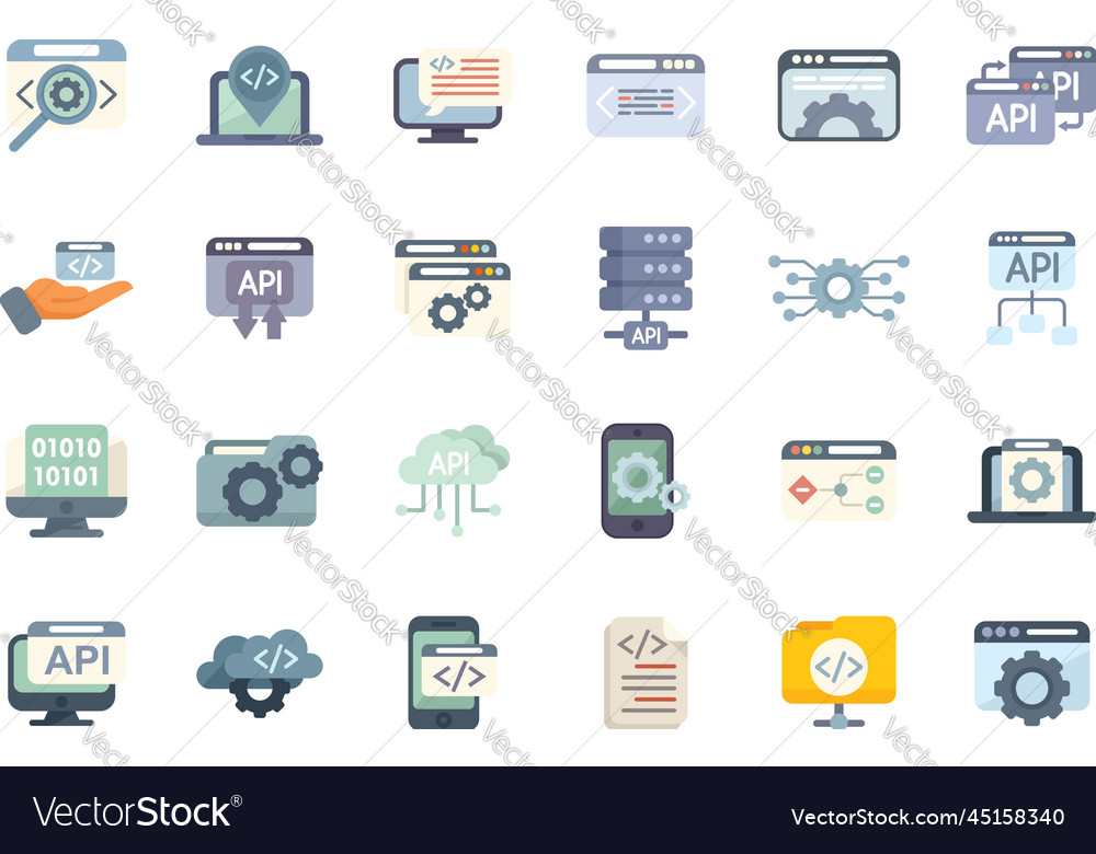 Api icons set flat code develop Royalty Free Vector Image