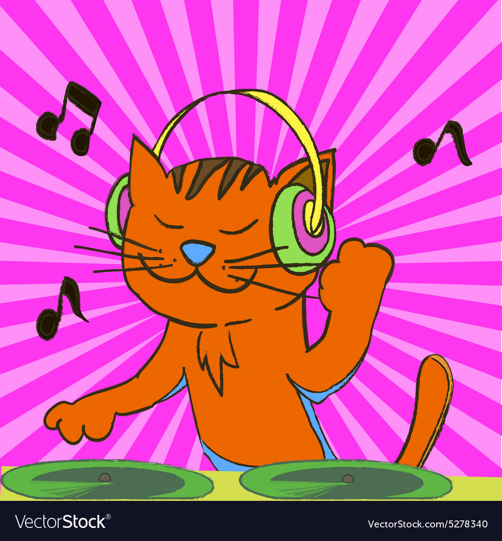 Ginger tabby cat wearing headphones spinning music