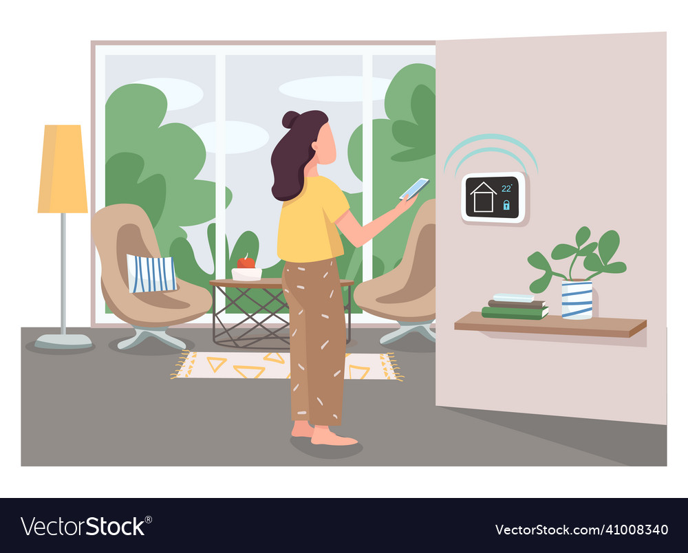 Girl using smart home management panel flat color