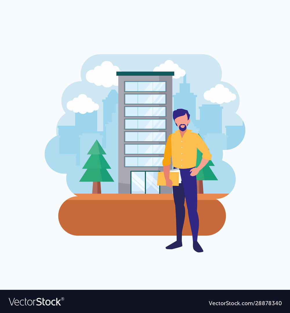 Isolated avatar man in front a building