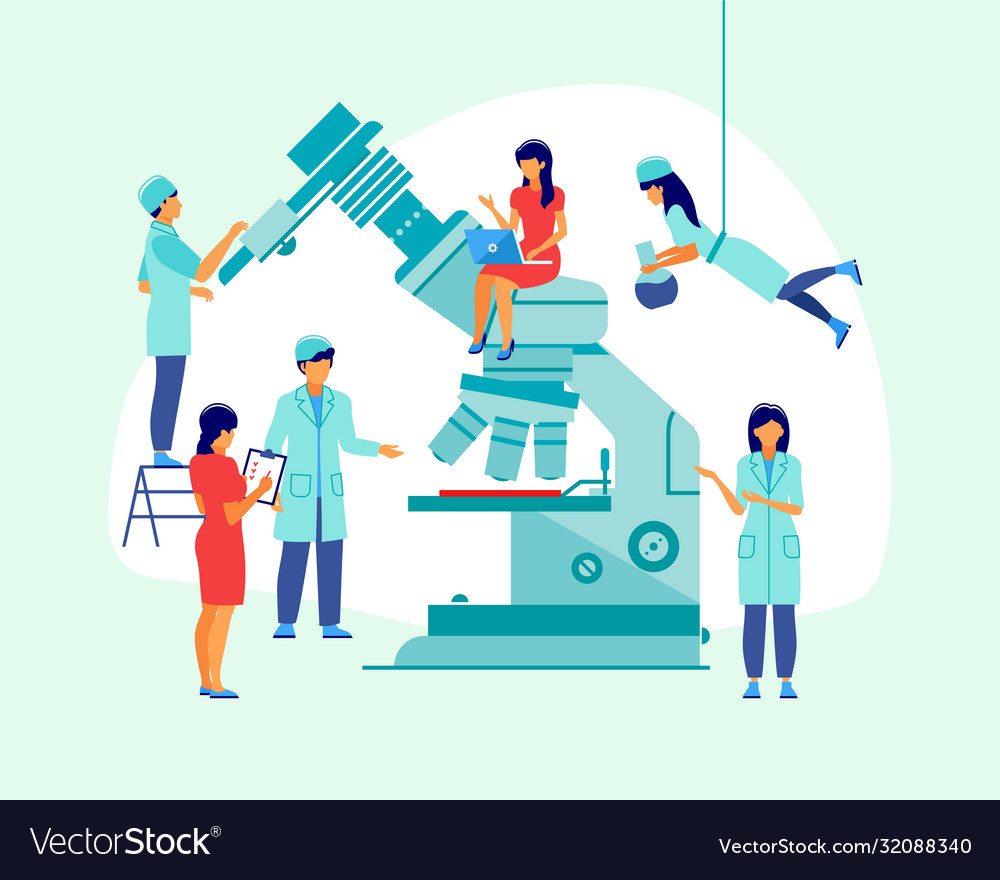 Large microscope with scientists in a flat design Vector Image Large microscope with scientists in a flat design
